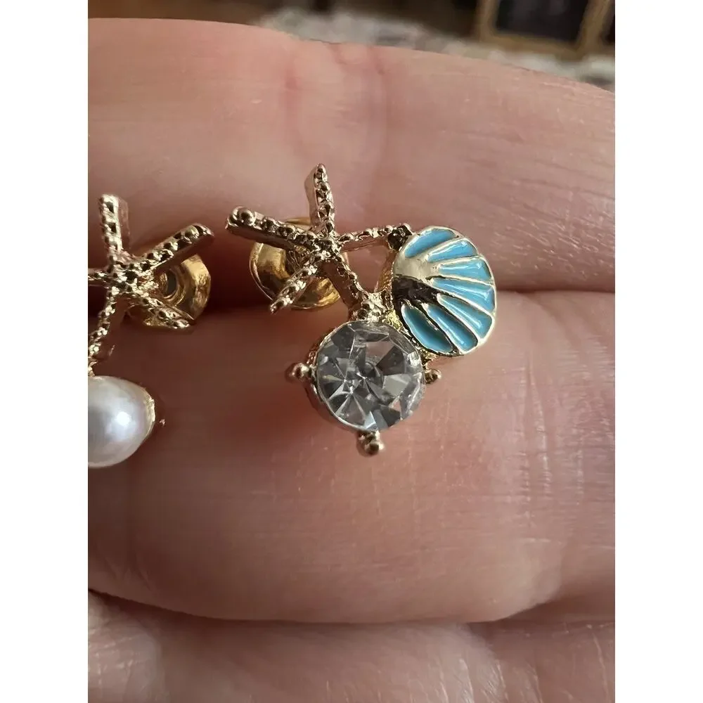 Anthropologie Seashell Starfish Earrings Mismatch Blue Gold Pearl CZ Mermaidcore